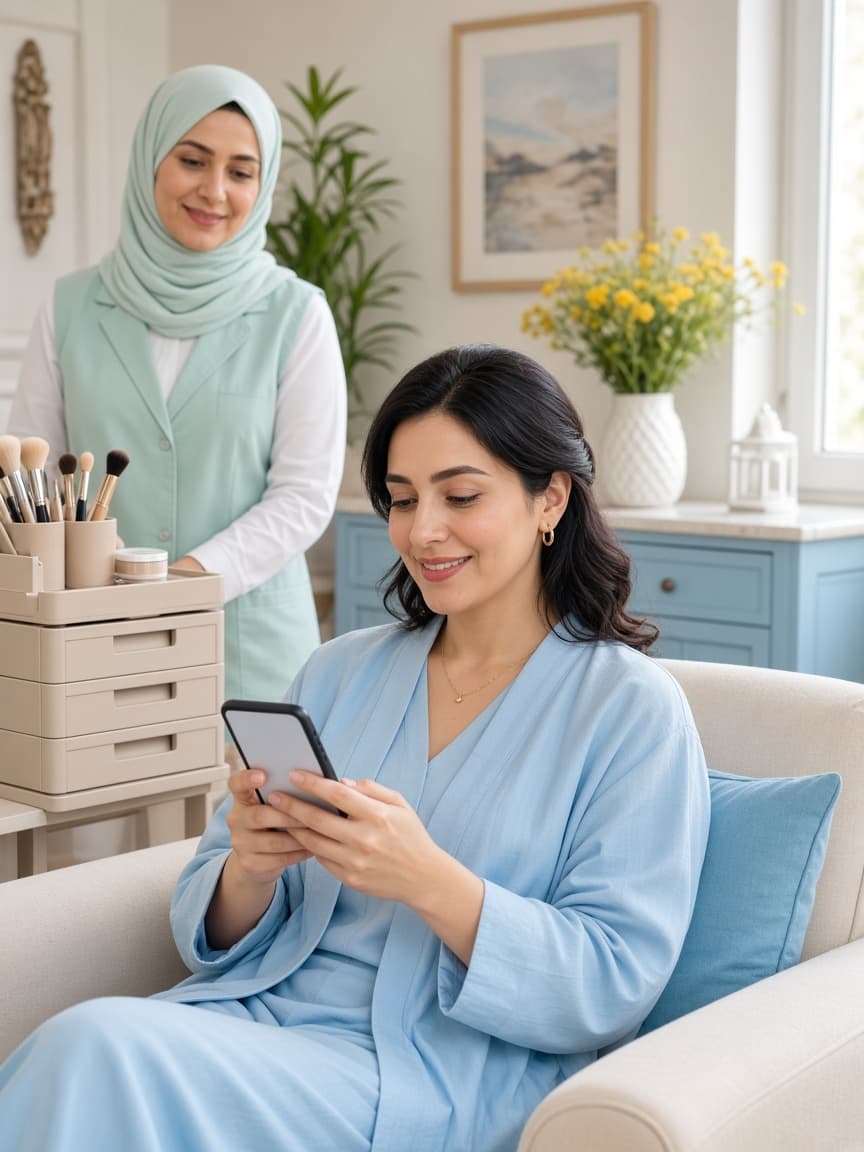 مشتری در حال پرداخت امن هزینه خدمات زیبایی با موبایل