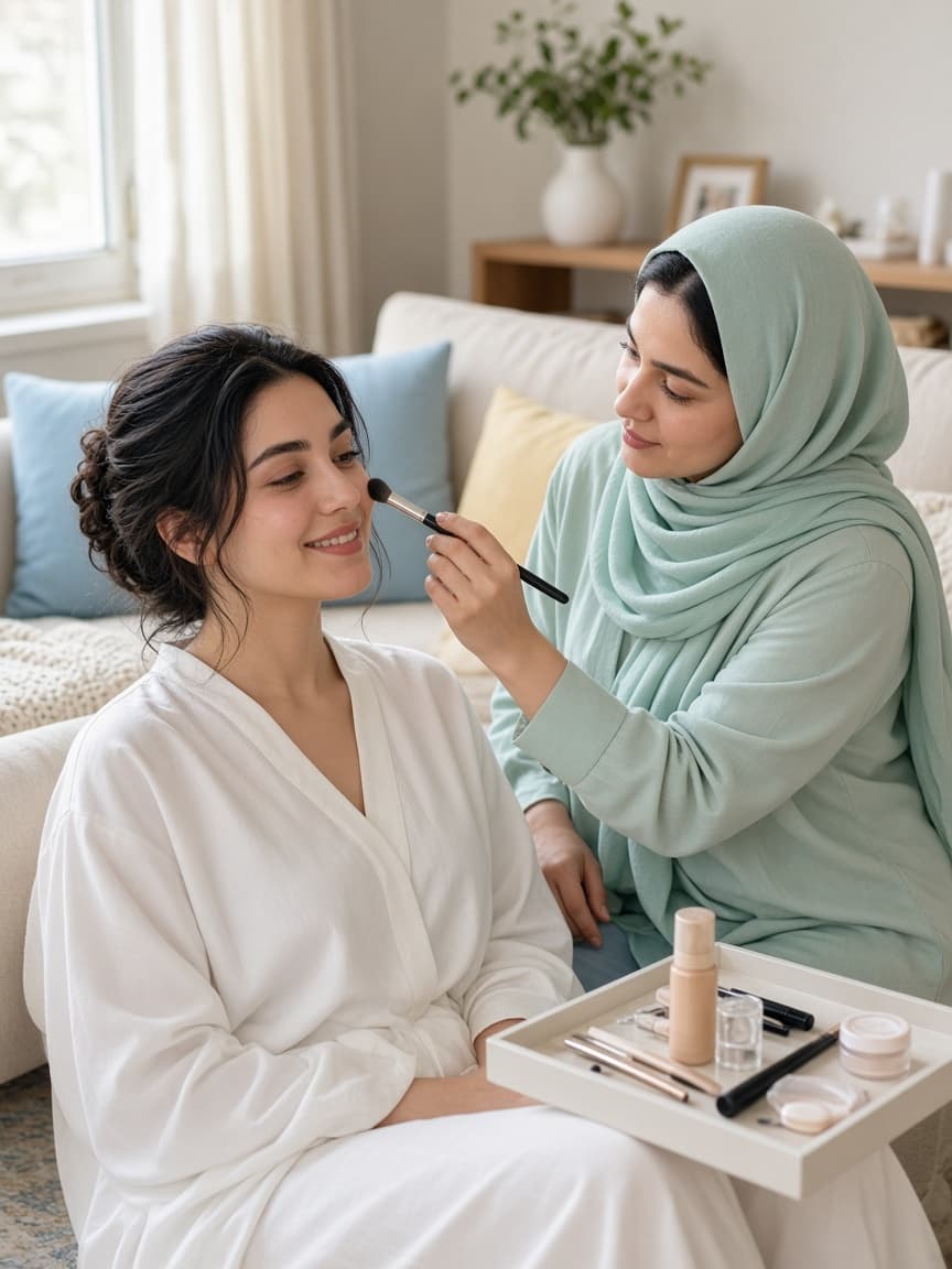 آرایشگر زنانه در حال ارائه خدمات زیبایی در منزل